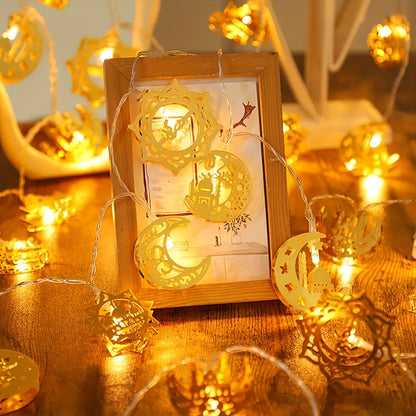 10-LED Mixed Style Iron Moon Castle Oil Lamp String | Durable Ramadan Festival Decoration, Suitable for Ramadan, Spring, Winter, Bedroom, Battery Powered (Battery Not Included)