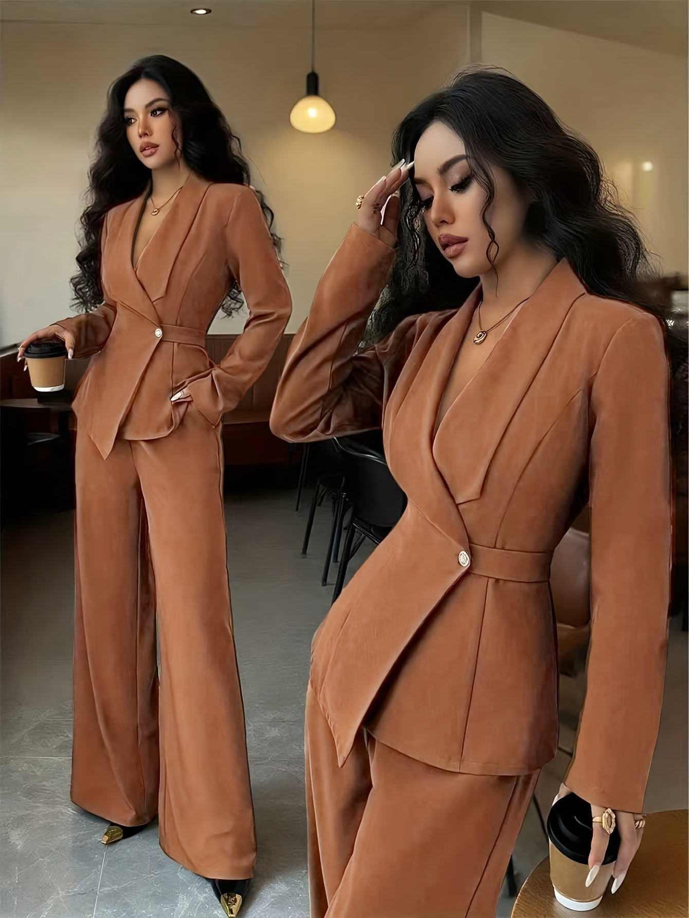Women’s Elegant Solid Color Pants Suit – Chic Two-Piece Set with Button Details for All-Season Wear