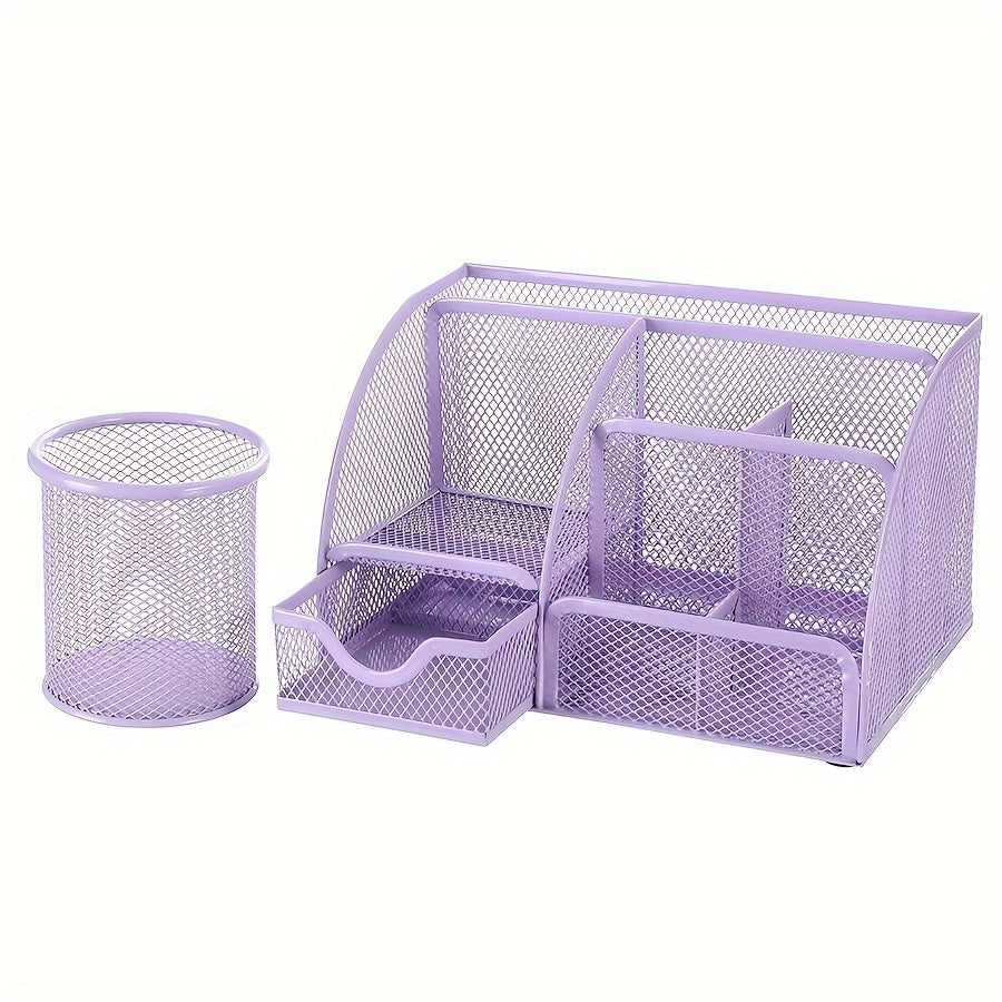 2-Piece Mesh Desk Organizer Set with Sticky Note Holder – Expandable Rustproof Iron Caddy for Home, Office & School Supplies (Black, Green, Pink, Purple)