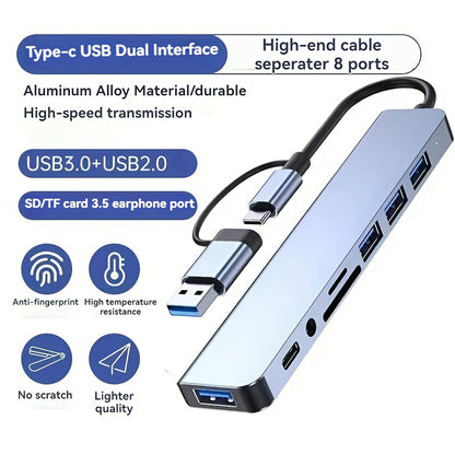 [8-in-1 USB Hub] 8-in-1 USB 3.0 Hub | Type-C Docking Station for Laptops & Desktops with Multi-Port Simultaneous Use, High-Speed Scaling, CD/TF Card Reader, Keyboard, Mouse, Hard Drive, and Fan Connections