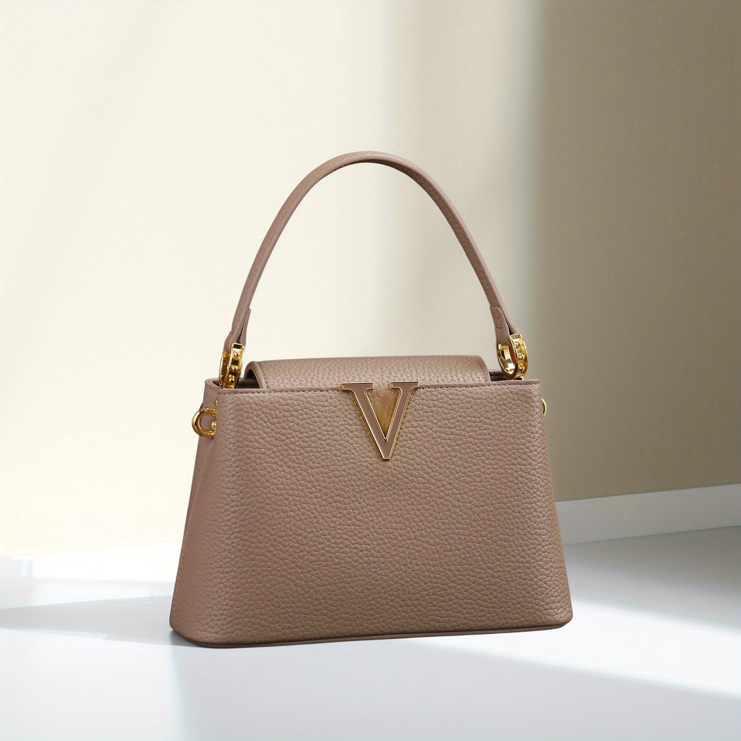 Women’s Elegant V-Logo Handbag – Textured Grained Leather Purse with Golden-Tone Hardware & Detachable Strap, Perfect for Everyday or Formal Wear