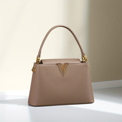 Women’s Elegant V-Logo Handbag – Textured Grained Leather Purse with Golden-Tone Hardware & Detachable Strap, Perfect for Everyday or Formal Wear