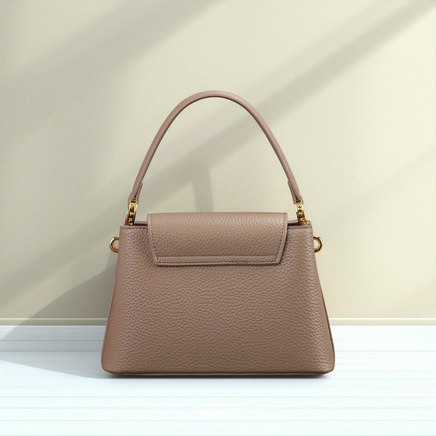 Women’s Elegant V-Logo Handbag – Textured Grained Leather Purse with Golden-Tone Hardware & Detachable Strap, Perfect for Everyday or Formal Wear