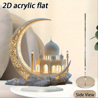 2D Flat - [2D Flat] A Stylish Acrylic Moon Decorative Piece for a 2D Plane, Featuring a Complex Crescent Design Alongside Golden Islamic Architecture. This Versatile Gift Is Perfect for Mother'S Day, Eid, Or Home Office Decor