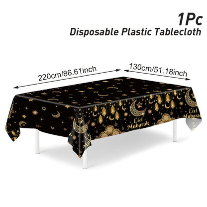 1pc,Moon Star Lantern Eid Mubarak Tablecloth,130*220cm PE Tablecover,Black Gold Table Cloth,Ramadan Decoration for Home,Eid Al-Fitr Gifts,Islamic Muslim Party Supplies,Ramadan Kareem Eid Al Adha Table Decoration