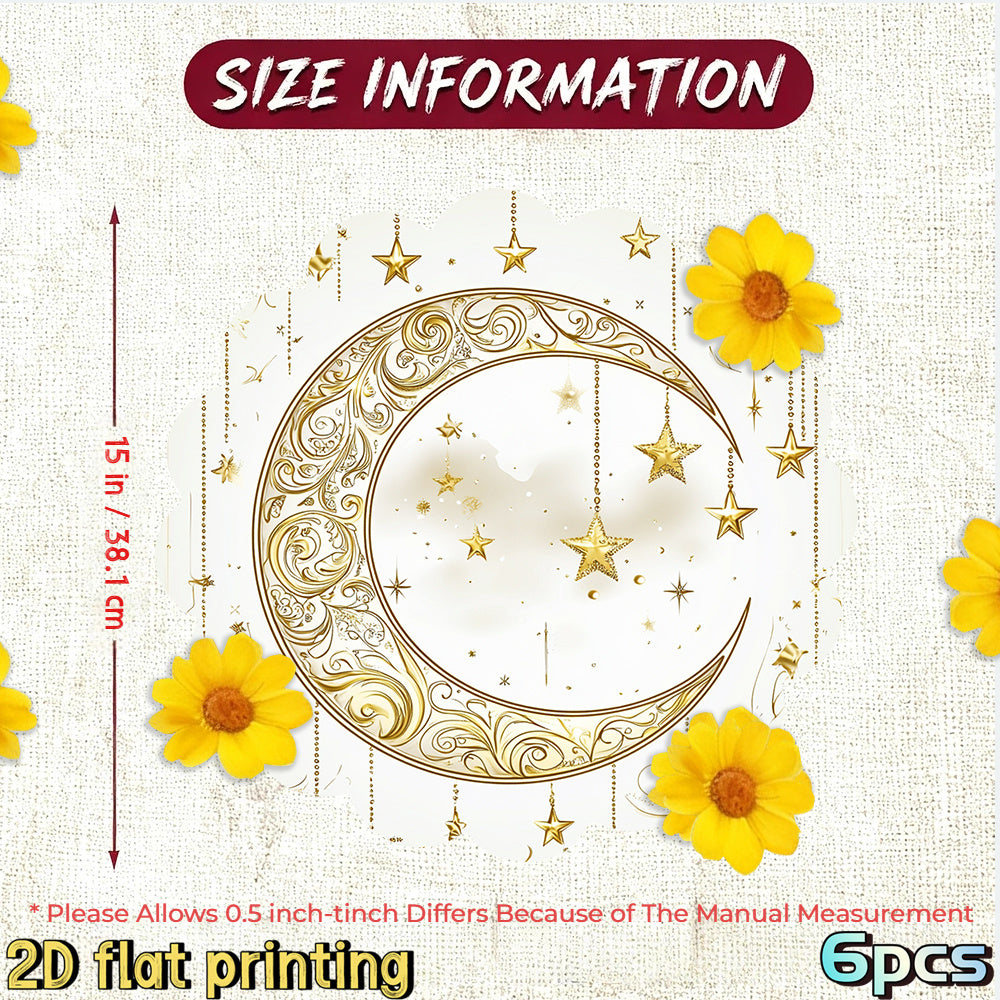 6pcs 2D Flat Printing Ramadan Golden Crescent Star Decorative Pattern Placemats, for Ramadan Gatherings, Festival Tables, Creating Warm Gorgeous Ramadan Atmosphere, Fitting Festive Meal and Table Decor, Suiting Holiday Dining