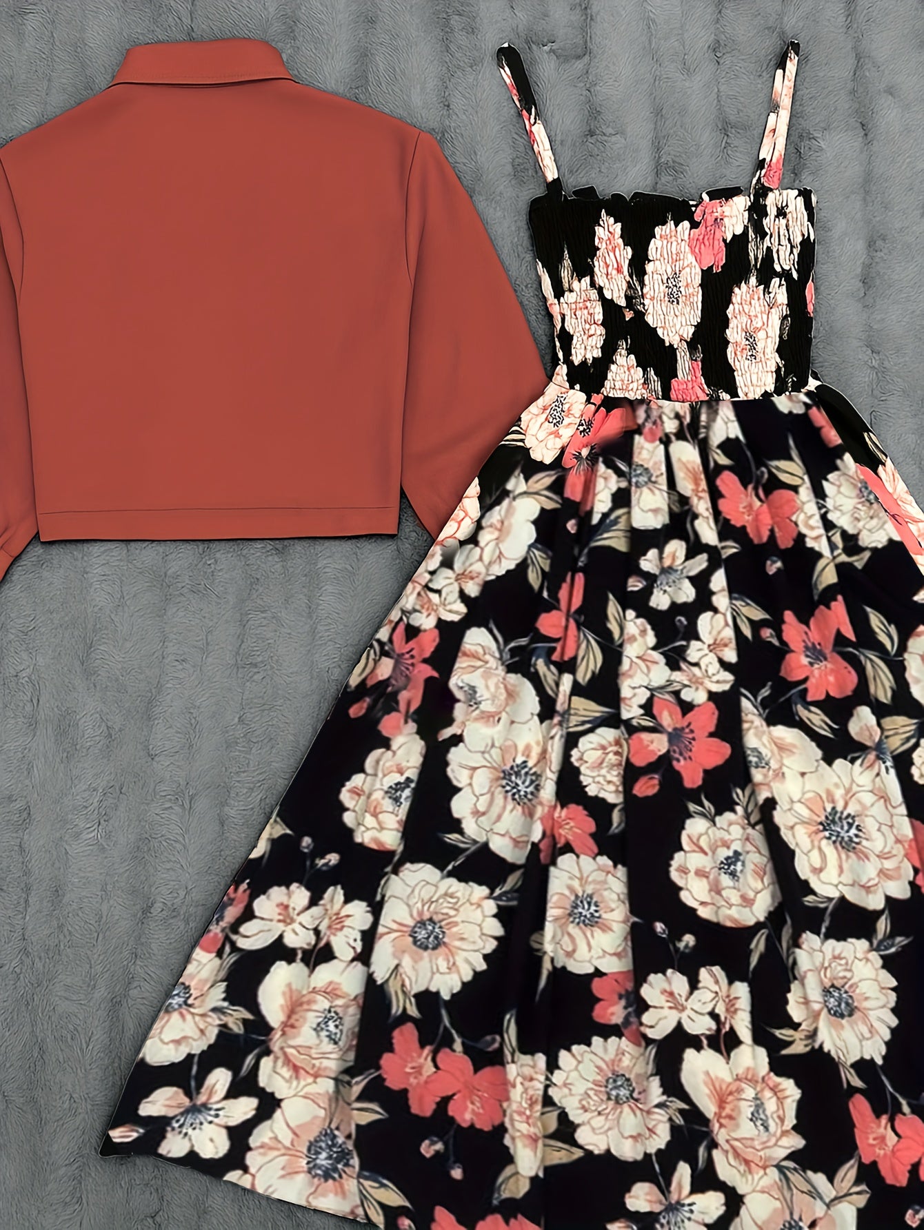 2026 Women’s Autumn/Winter Two-Piece Set – Soft Short Solid-Color Jacket with Elegant Strap-Print Tie & Long Flared Dress