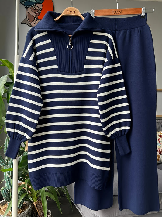 Women’s Vintage Striped Zip-Up Hoodie & Pants Set – Cozy Brown Two-Piece Fall/Winter Outfit with Stand Collar, Long Sleeves & Loose Casual Fit