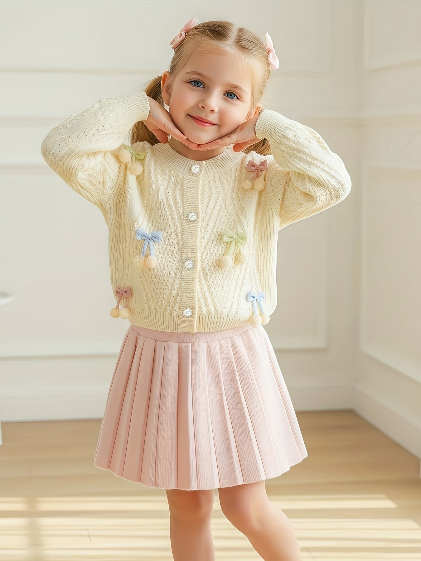 Girls’ Adorable Knit Cardigan & Pleated Skirt Set – Cozy Winter 2-Piece Outfit for Toddlers & Kids (8M–8Y)