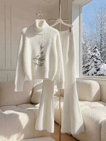 New Arrival Women’s High-Neck Top & Flared Pants Set – Chic White High-End Fashion Outfit