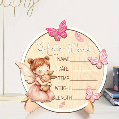 Hello World" Wooden Birth Announcement Board with Butterfly & Name/Date/Time/Weight/Length - Elegant Pink & Golden Lettering, Marker Included - Perfect for Decor