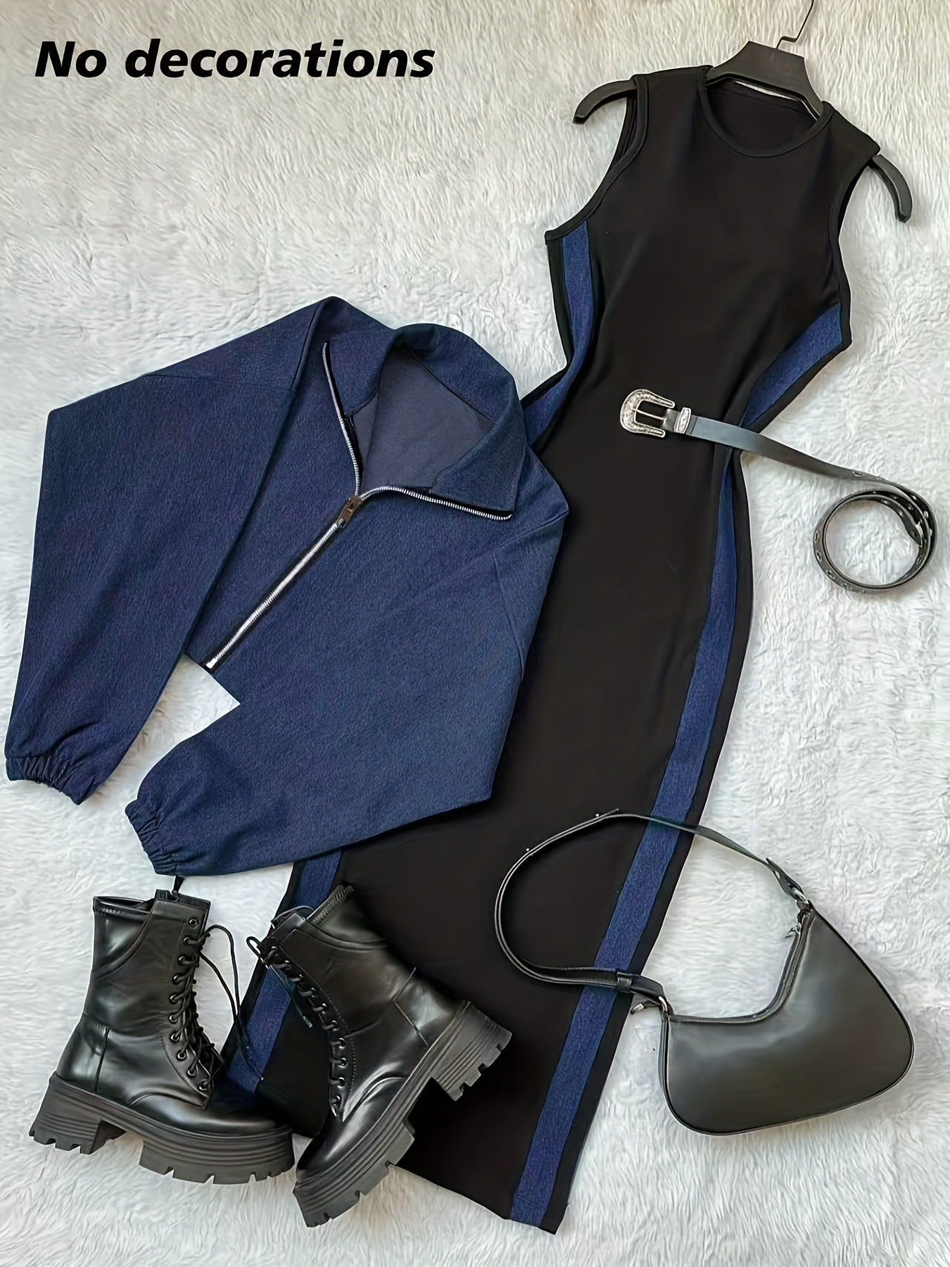 طقم بليزر وفستان نسائي من مجموعة Y2K بألوان متعددة - جاكيت أزرق بأكمام طويلة وسحاب مع فستان بيج بدون أكمام بقصة ضيقة، مناسب للمكتب والشارع في الربيع/الخريف