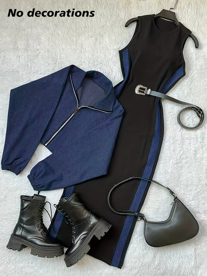 طقم بليزر وفستان نسائي من مجموعة Y2K بألوان متعددة - جاكيت أزرق بأكمام طويلة وسحاب مع فستان بيج بدون أكمام بقصة ضيقة، مناسب للمكتب والشارع في الربيع/الخريف