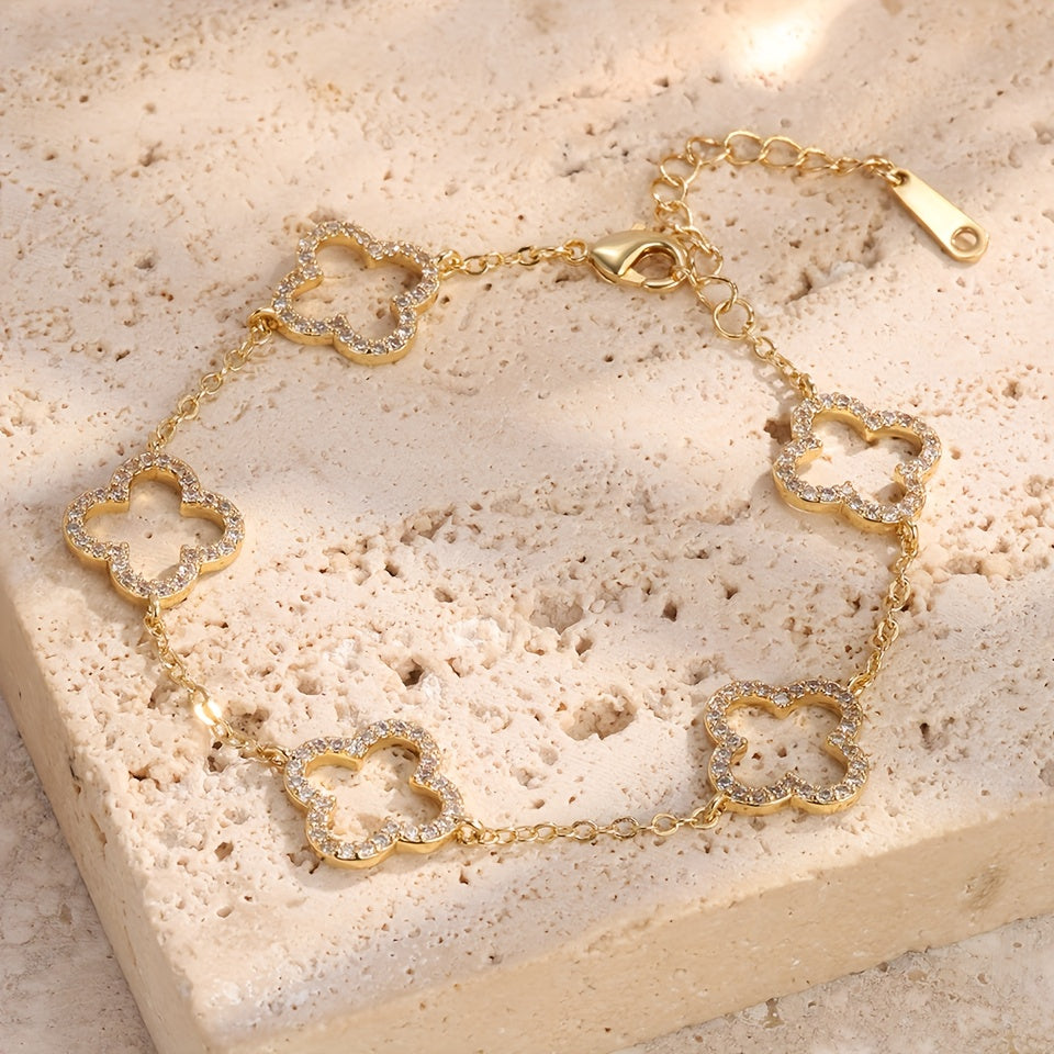 طقم مجوهرات نسائي مكون من 3 قطع على شكل زهرة بأربع أوراق - أساور عصرية من الفولاذ المقاوم للصدأ على الطراز الأوروبي والأمريكي مع تطعيمات من الزركونيا اللامعة، مثالية للارتداء اليومي والحفلات