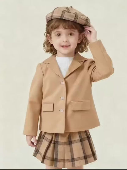 Girls’ 4-Piece Autumn/Winter Fashion Set – Button-Up Coat, Ribbed Long-Sleeve Top, Checkered Elastic-Waist Skirt & Matching Beret