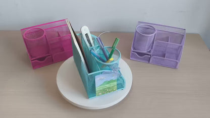 2-Piece Mesh Desk Organizer Set with Sticky Note Holder – Expandable Rustproof Iron Caddy for Home, Office & School Supplies (Black, Green, Pink, Purple)