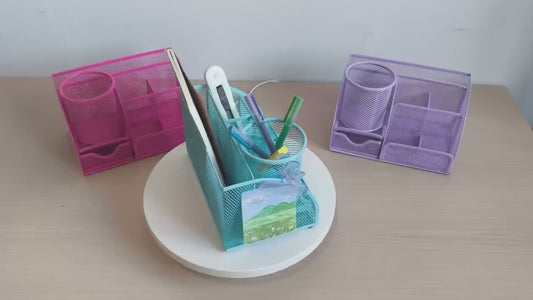 2-Piece Mesh Desk Organizer Set with Sticky Note Holder – Expandable Rustproof Iron Caddy for Home, Office & School Supplies (Black, Green, Pink, Purple)