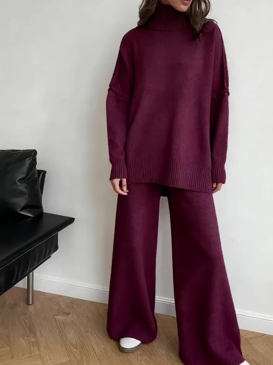 Women’s Winter Two-Piece Knit Set – Elegant High-Neck Long-Sleeve Pullover Sweater & Matching Long Pants, Simple and Fashionable Casual Outfit