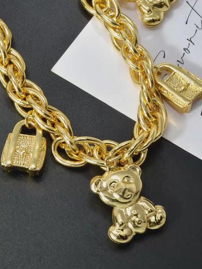 ZEADEAR Golden-Tone Bear & Handbag Charm Bracelet – Cute Copper Jewelry with Teddy Bear and Lock Pendants for Daily Wear or Special Gifts
