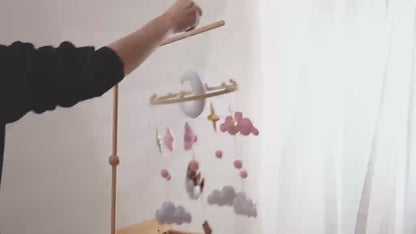 Handmade Baby Sheep & Moon-Star Crib Mobile – Soft Pastel Pink Hanging Nursery Bell with Soothing Sound, Sensory Activity Toy & Baby Shower Gift