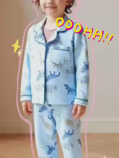 Random 4-Piece (2 Sets) Boys’ Dinosaur Print Shirt & Elastic-Waist Pants – Polyester Cartoon Pajama/Home Wear Sets for Ages 2–7, Spring/Autumn/Winter