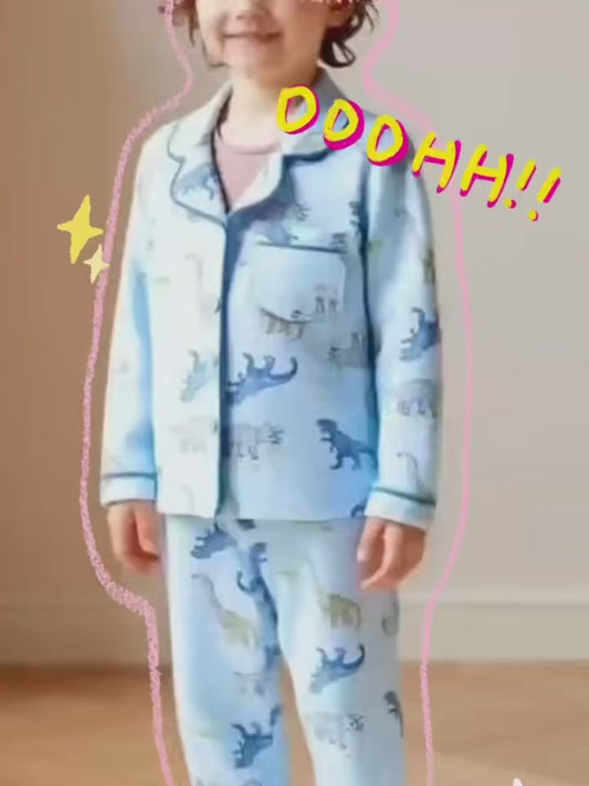 Random 4-Piece (2 Sets) Boys’ Dinosaur Print Shirt & Elastic-Waist Pants – Polyester Cartoon Pajama/Home Wear Sets for Ages 2–7, Spring/Autumn/Winter