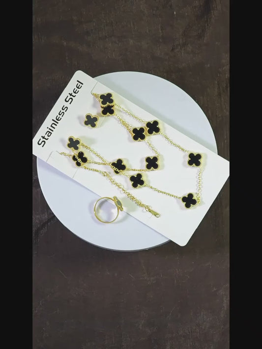 Women’s 5-Piece Stainless Steel Jewelry Set – Minimalist Four-Leaf Clover Necklace, Bracelet, Earrings & Ring, Elegant Daily & Party Gift Set (No Plating)