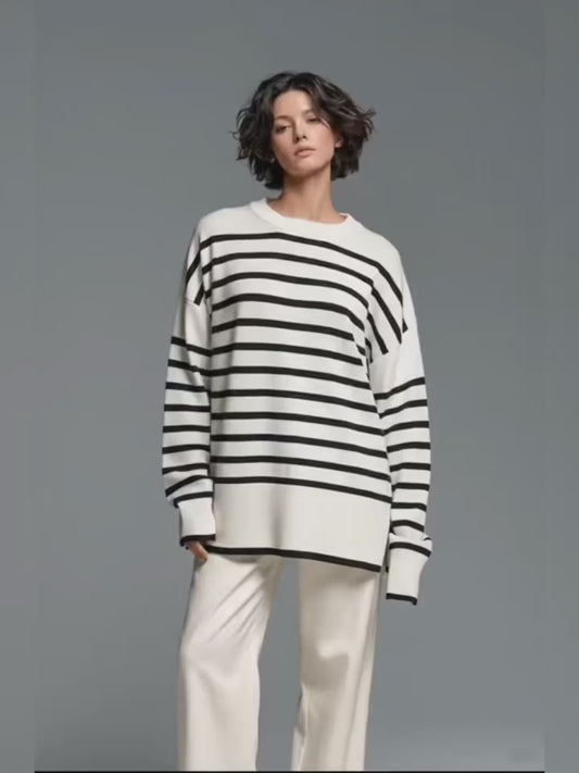 Women’s Winter Warm Striped Sweater – Slim-Fit Black & White Long Sleeve Round Neck Knit Top, Elegant Stretchy Sweater for Jeans & Leggings