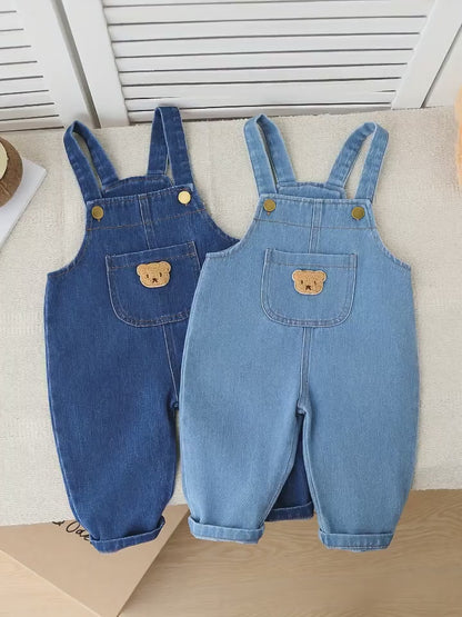 2-Piece Baby Boys’ Faux Denim Overalls – Adjustable Strap Rompers with Cute Bear Pockets, Regular-Fit All-Season Outfit for Outdoor Play