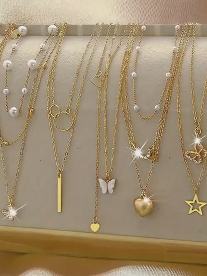 11pcs Creative Fashion Five-Pointed Star Synthetic Zirconia Butterfly Element Faux Women's Multi-Set Necklace Set Suitable for Outing Beach Vacation Jewelry Mother's Day Gift