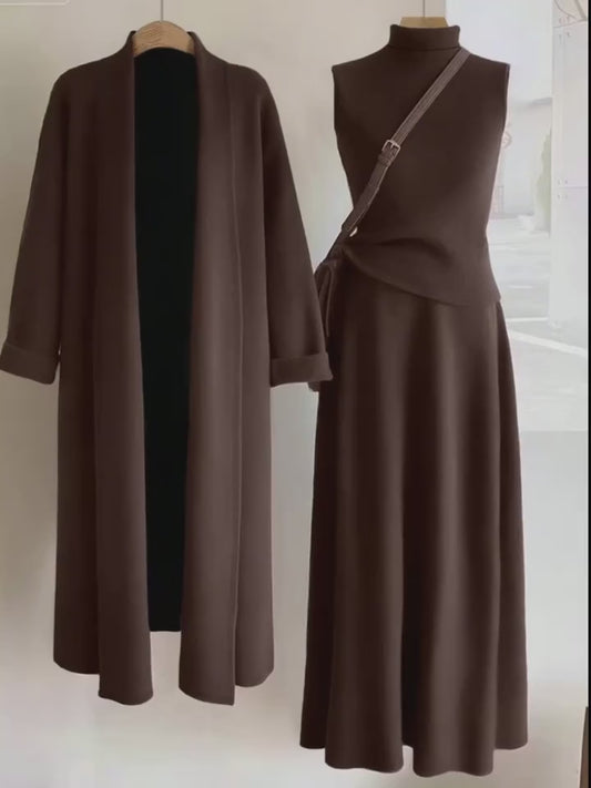 Women’s Elegant 3-Piece Outfit Set – Long Cardigan Jacket, High-Neck Vest & Skirt, Solid Color Chic Ensemble for Casual or Formal Events