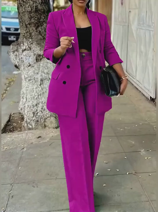Women's Casual Double-Breasted Blazer and Straight-Leg Pants Suit Set