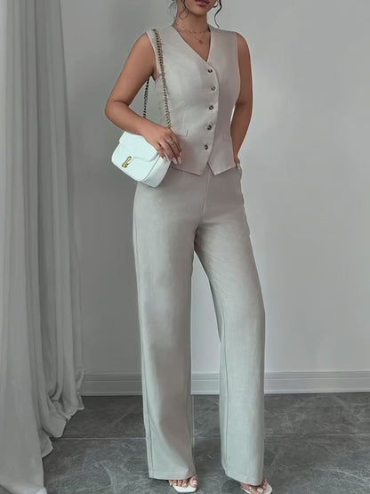 Women’s Sleeveless Cinched-Waist Vest & High-Waisted Wide-Leg Pants Set – Elegant Solid-Color Summer Two-Piece Outfit