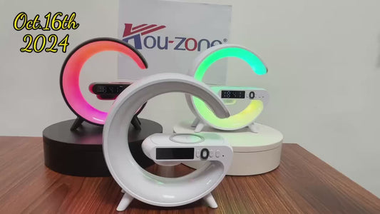 Kouzone Wireless Speaker with Dimmable Alarm Clock – Tabletop Mono Sound Machine with Sunrise Simulation, USB-C, Night Light & Rechargeable Battery