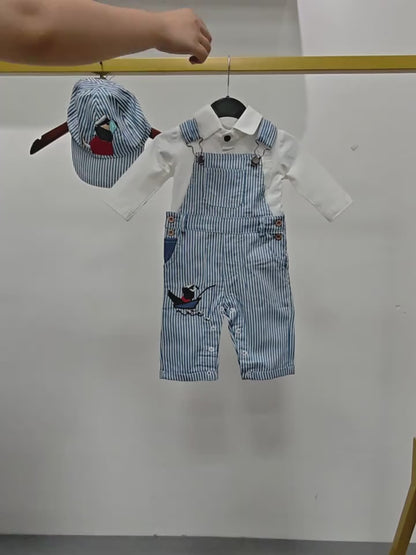 Baby Boys’ Puppy Print Overall Set – Long-Sleeve Jumpsuit with Matching Hat, Solid-Color Multi-Piece Outfit for Spring/Autumn Outdoor Wear (3–24 Months)