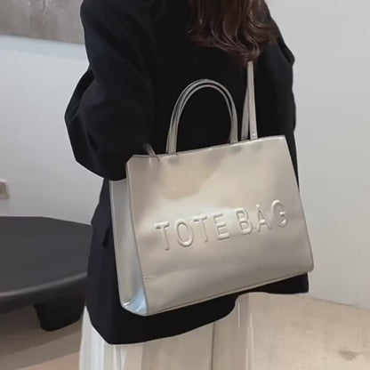 PU Textured Large-Capacity Women’s Tote Bag — Vintage Commuter Shoulder & Crossbody Bag with ‘TOTE BAG’ Embossed Design, Durable and Lightweight, Ideal for Work, Business & School, Available in Black, Brown, and Silve